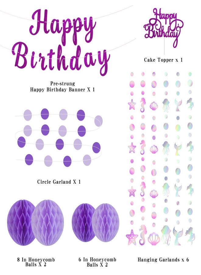 TMTECHJS Purple Birthday Decorations Pre-Strung Happy Birthday Banner with Honeycomb Balls Cake Topper Ocean Theme Hanging Swirls Circle Dots Garland - Image 2
